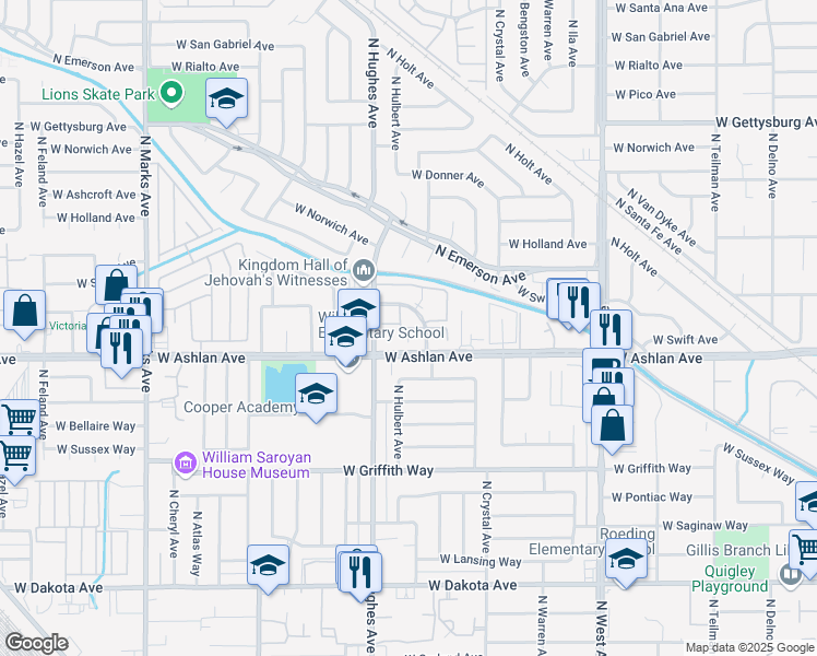 map of restaurants, bars, coffee shops, grocery stores, and more near 4294 North Hughes Avenue in Fresno