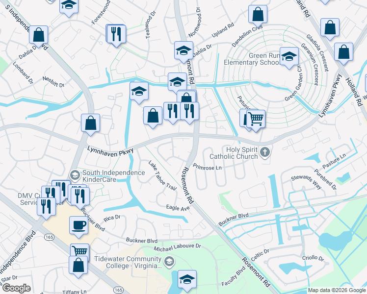map of restaurants, bars, coffee shops, grocery stores, and more near 3605 Wetherington Drive in Virginia Beach
