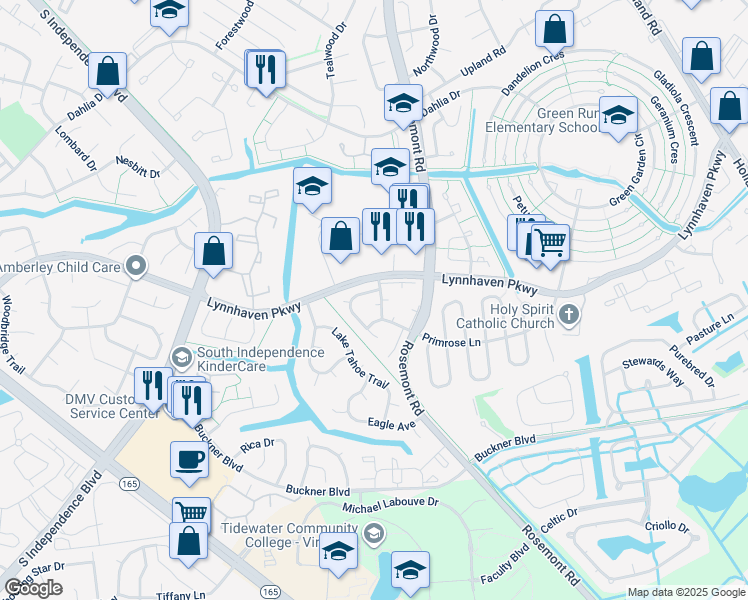 map of restaurants, bars, coffee shops, grocery stores, and more near 3602 Sylvan Lane in Virginia Beach
