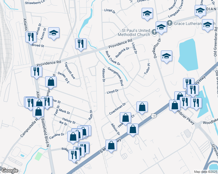 map of restaurants, bars, coffee shops, grocery stores, and more near 200 Fillmore Place in Chesapeake