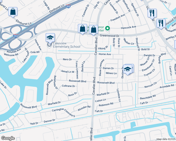 map of restaurants, bars, coffee shops, grocery stores, and more near 1109 Darren Drive in Portsmouth