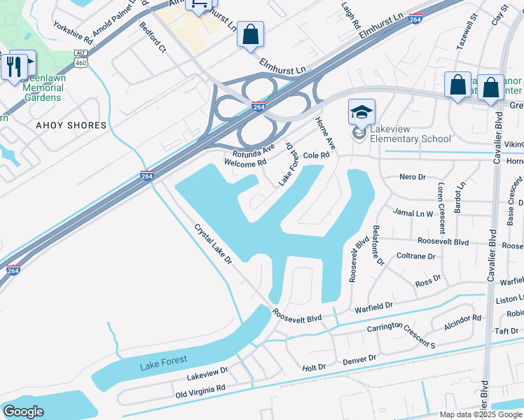 map of restaurants, bars, coffee shops, grocery stores, and more near 1427 Lake Forest Drive in Portsmouth