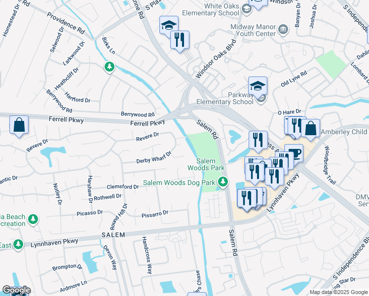 map of restaurants, bars, coffee shops, grocery stores, and more near 1409 Falkirk Court in Virginia Beach