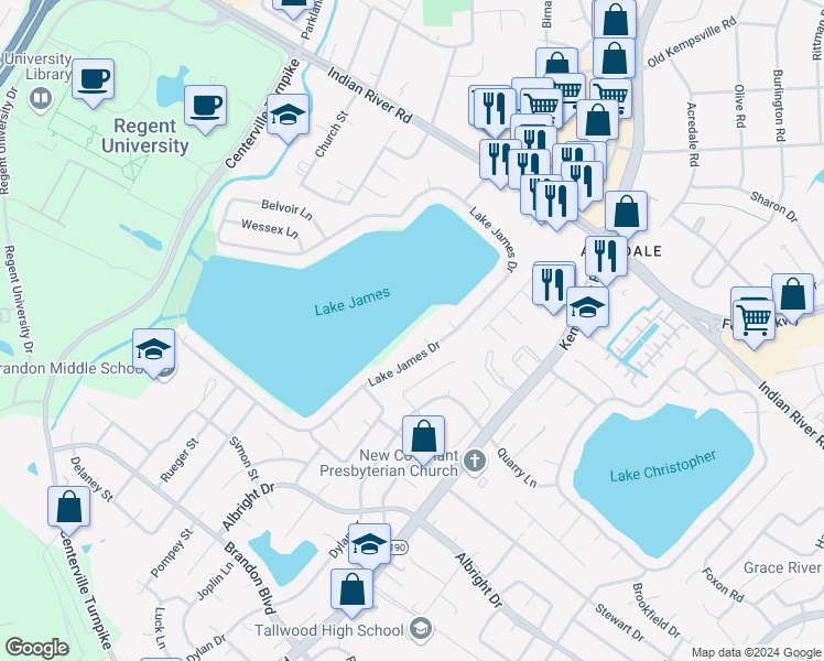 map of restaurants, bars, coffee shops, grocery stores, and more near 5401 Compton Circle in Virginia Beach