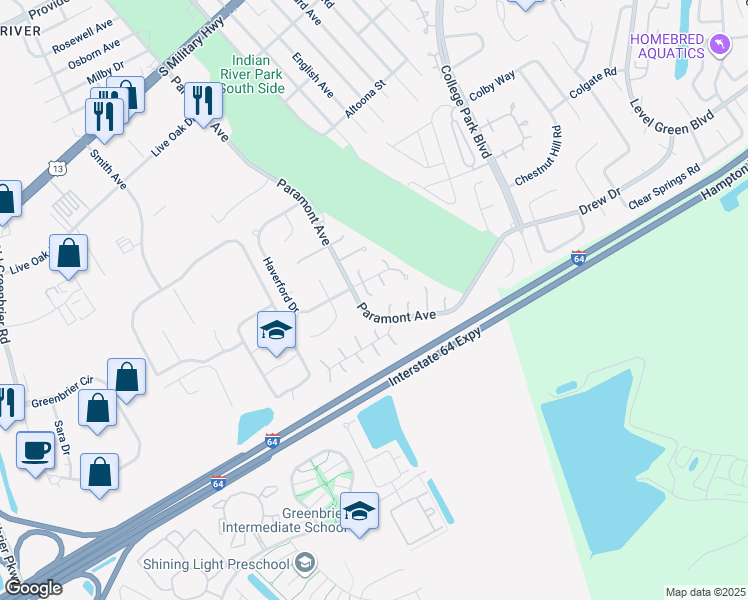 map of restaurants, bars, coffee shops, grocery stores, and more near 12 Hardwick Circle in Chesapeake