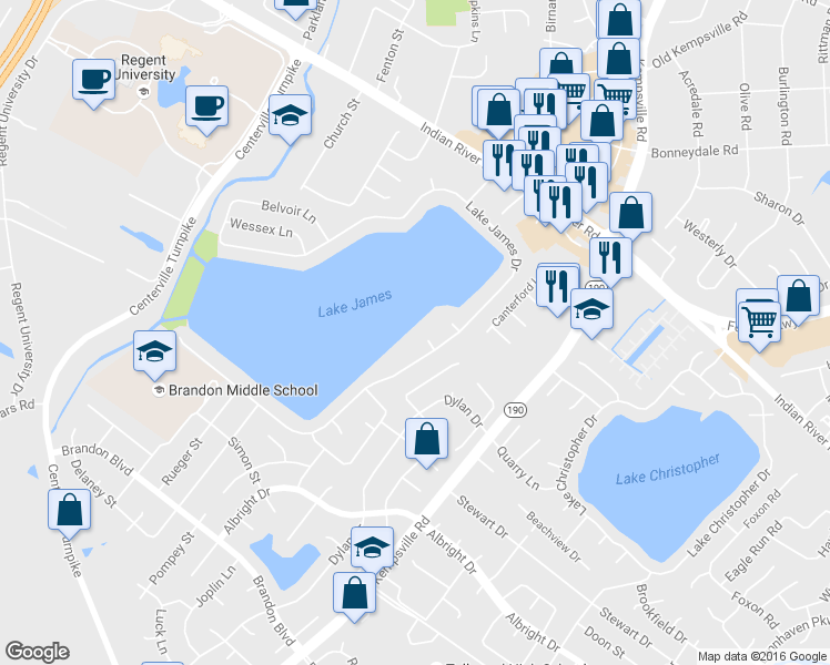 map of restaurants, bars, coffee shops, grocery stores, and more near 5401 Compton Circle in Virginia Beach
