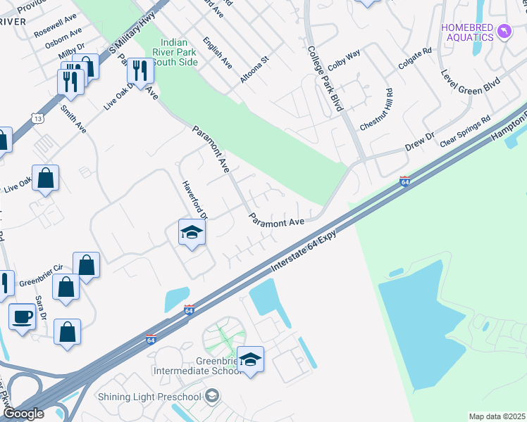 map of restaurants, bars, coffee shops, grocery stores, and more near 12 Hardwick Circle in Chesapeake