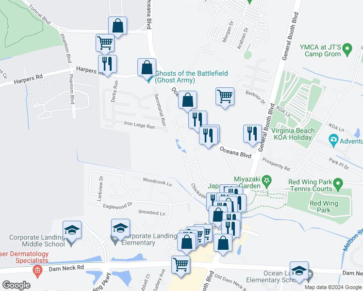 map of restaurants, bars, coffee shops, grocery stores, and more near 1369 Beacons Reach Drive in Virginia Beach