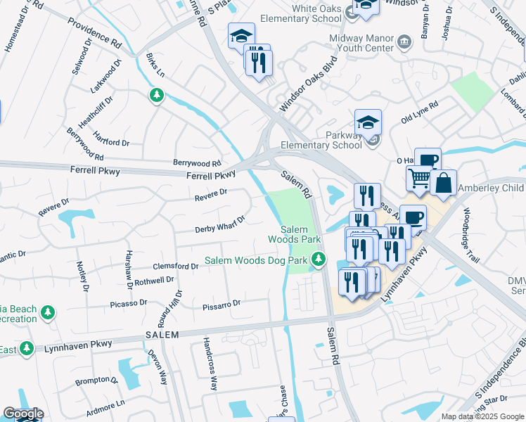 map of restaurants, bars, coffee shops, grocery stores, and more near 1409 Falkirk Court in Virginia Beach