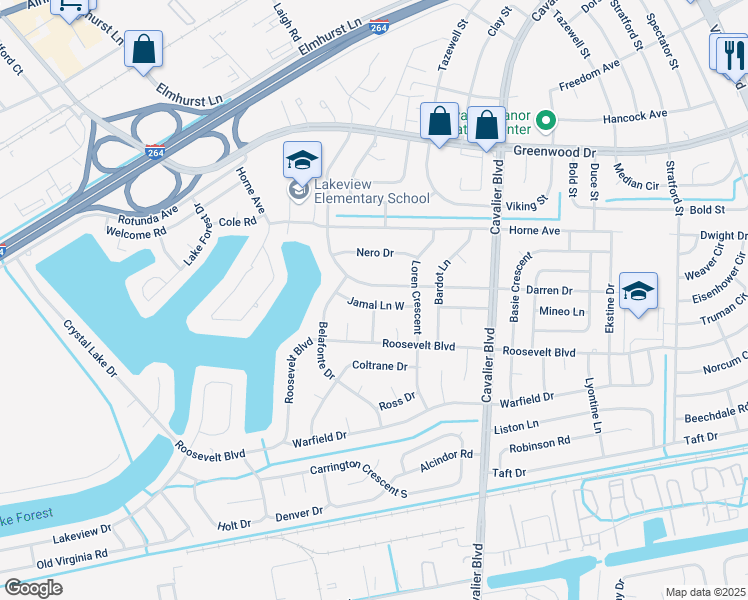 map of restaurants, bars, coffee shops, grocery stores, and more near 1209 Darren Drive in Portsmouth