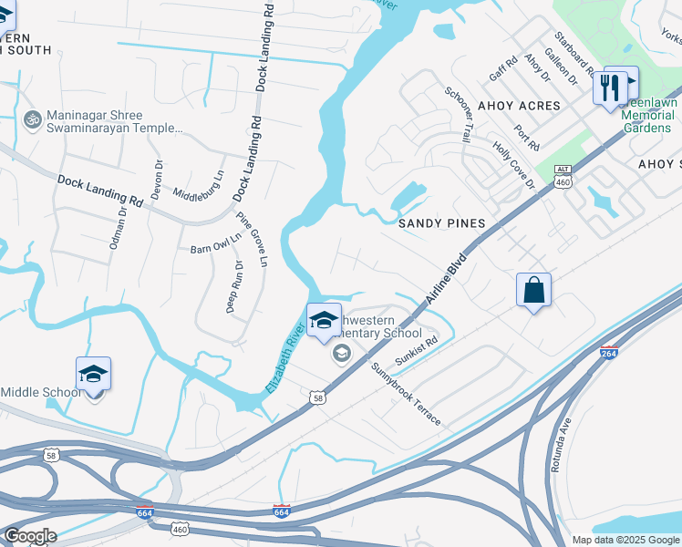 map of restaurants, bars, coffee shops, grocery stores, and more near 4229 Quailshire Court in Chesapeake