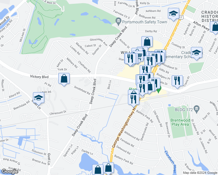 map of restaurants, bars, coffee shops, grocery stores, and more near 2535 Bird Lane in Portsmouth