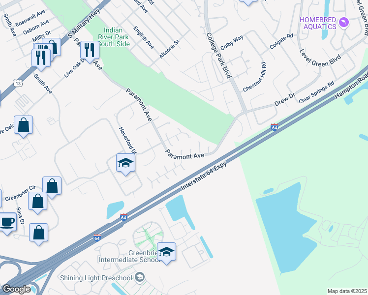 map of restaurants, bars, coffee shops, grocery stores, and more near 9 Ilkly Circle in Chesapeake