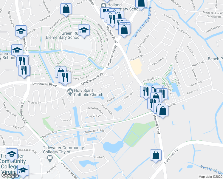 map of restaurants, bars, coffee shops, grocery stores, and more near 3444 Stirrup Way in Virginia Beach