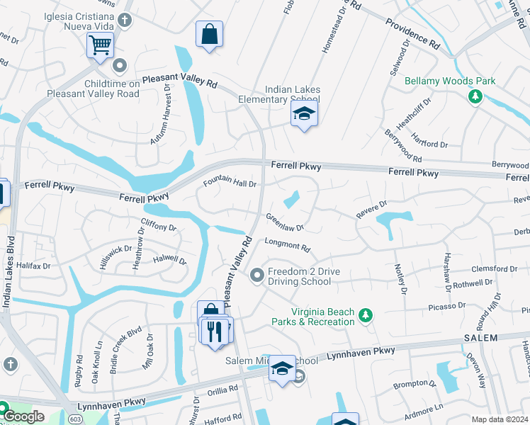 map of restaurants, bars, coffee shops, grocery stores, and more near 1427 Carabao Circle in Virginia Beach