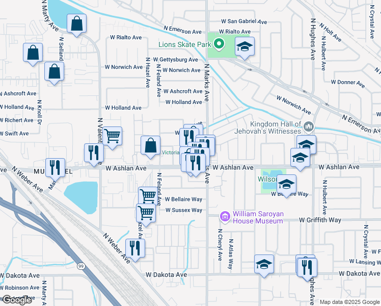 map of restaurants, bars, coffee shops, grocery stores, and more near 4023 North Marks Avenue in Fresno
