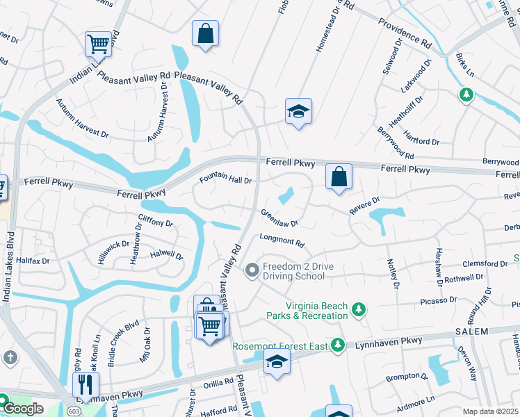 map of restaurants, bars, coffee shops, grocery stores, and more near 1427 Carabao Circle in Virginia Beach