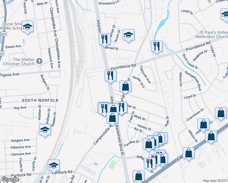 map of restaurants, bars, coffee shops, grocery stores, and more near 2510 Hemple Street in Chesapeake