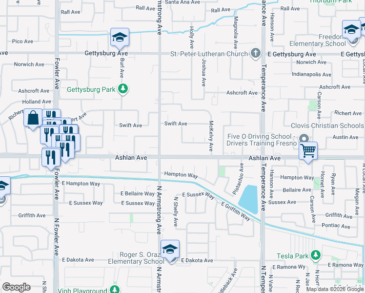 map of restaurants, bars, coffee shops, grocery stores, and more near 2296 Austin Avenue in Fresno