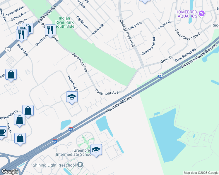 map of restaurants, bars, coffee shops, grocery stores, and more near 12 Jersey Circle in Chesapeake