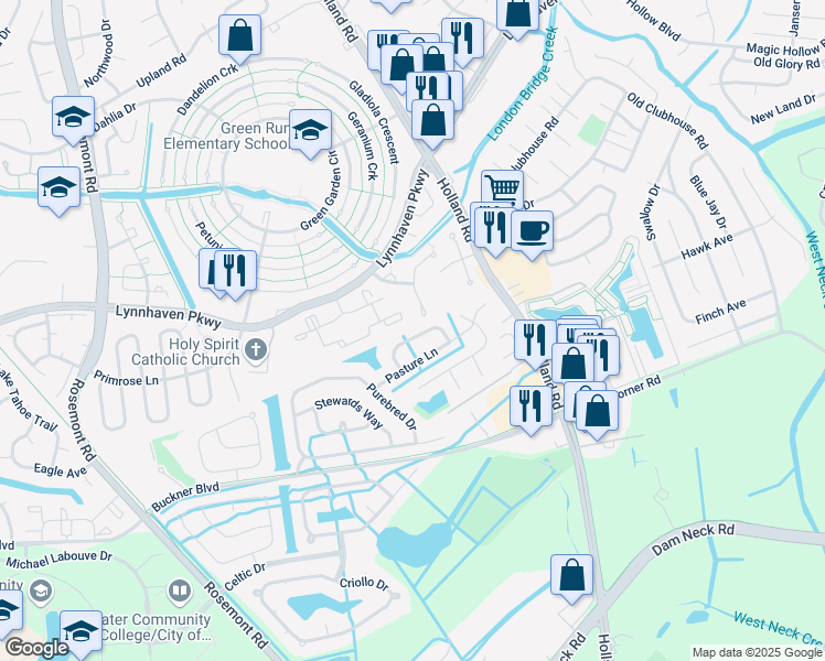 map of restaurants, bars, coffee shops, grocery stores, and more near 3440 Stirrup Way in Virginia Beach
