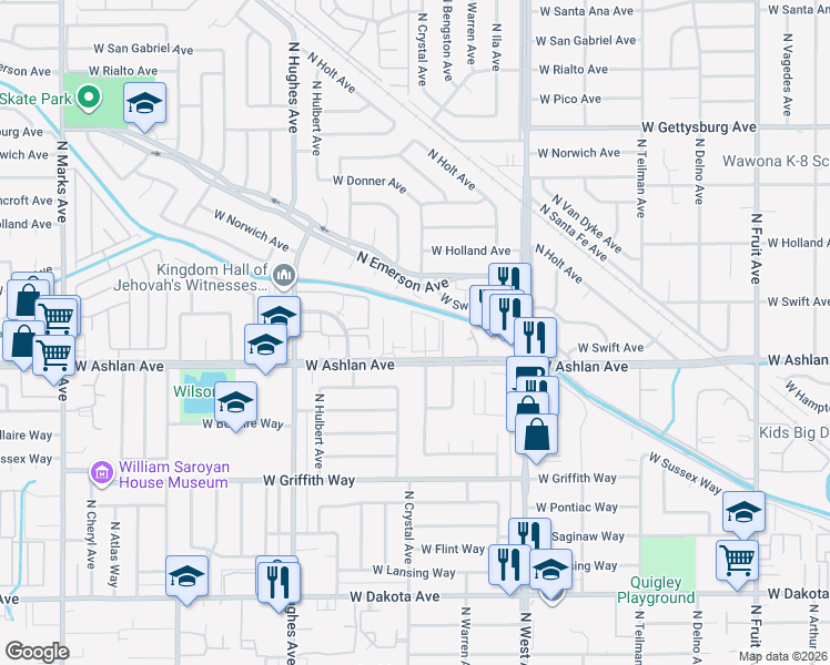 map of restaurants, bars, coffee shops, grocery stores, and more near 4263 North Bengston Avenue in Fresno