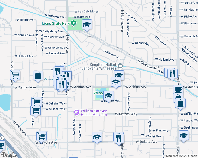 map of restaurants, bars, coffee shops, grocery stores, and more near 4234 North Pleasant Avenue in Fresno