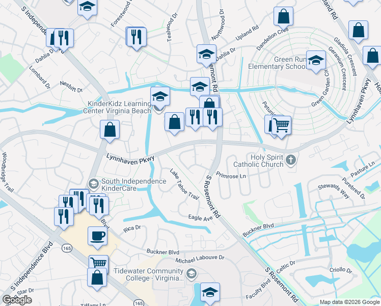 map of restaurants, bars, coffee shops, grocery stores, and more near 3602 Sylvan Lane in Virginia Beach