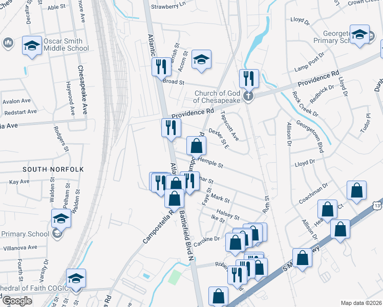 map of restaurants, bars, coffee shops, grocery stores, and more near 2513 Hemple Street in Chesapeake