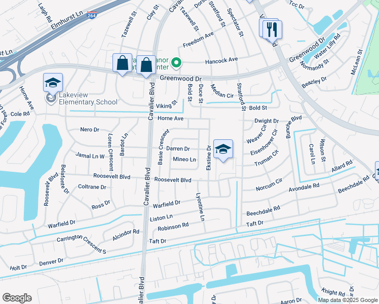 map of restaurants, bars, coffee shops, grocery stores, and more near 905 Darren Drive in Portsmouth