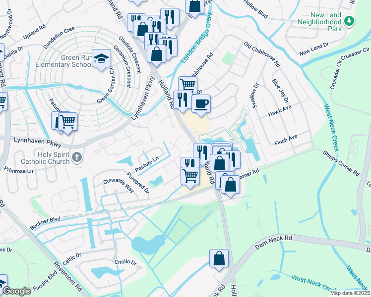 map of restaurants, bars, coffee shops, grocery stores, and more near 1508 Three Gait Trail in Virginia Beach