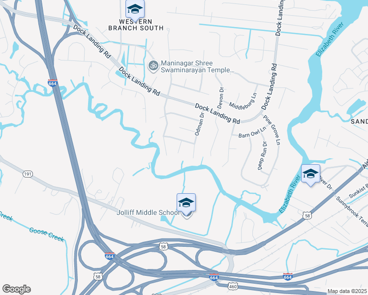 map of restaurants, bars, coffee shops, grocery stores, and more near 1513 Rick Fletcher Court in Chesapeake
