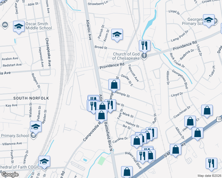 map of restaurants, bars, coffee shops, grocery stores, and more near 2513 Hemple Street in Chesapeake