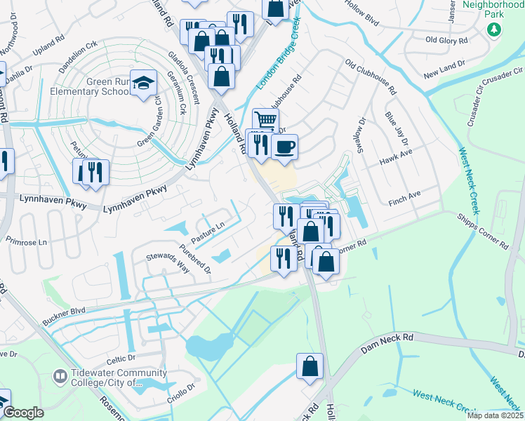 map of restaurants, bars, coffee shops, grocery stores, and more near 1508 Three Gait Trail in Virginia Beach