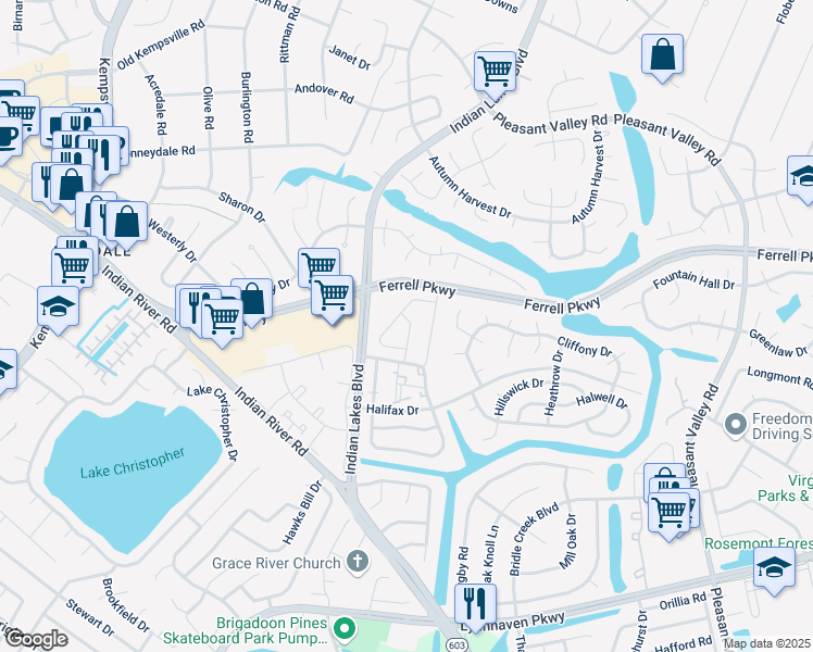 map of restaurants, bars, coffee shops, grocery stores, and more near 5256 Lake Victoria Arch in Virginia Beach