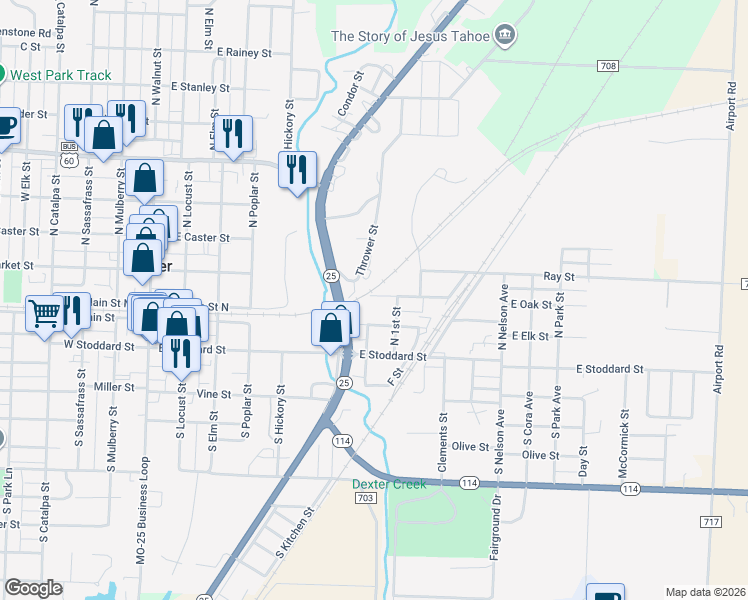map of restaurants, bars, coffee shops, grocery stores, and more near 723 East North Main Street in Dexter