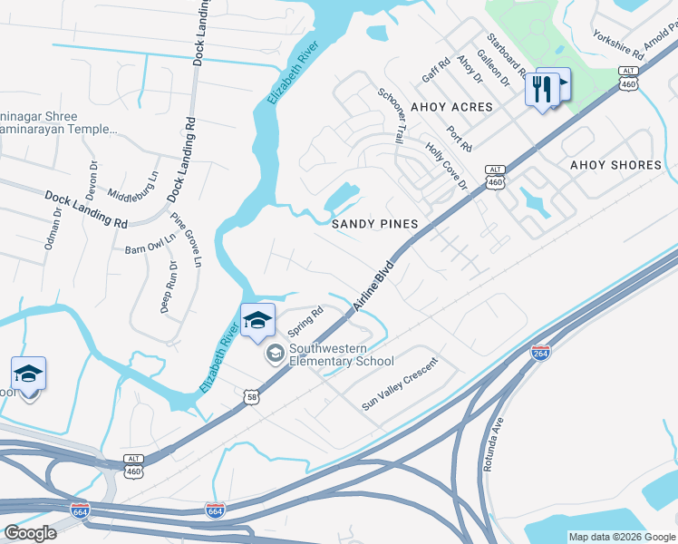 map of restaurants, bars, coffee shops, grocery stores, and more near 3921 Quailshire Lane in Chesapeake