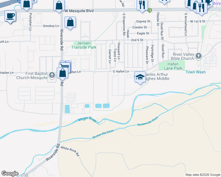 map of restaurants, bars, coffee shops, grocery stores, and more near 493 Clark Street in Mesquite