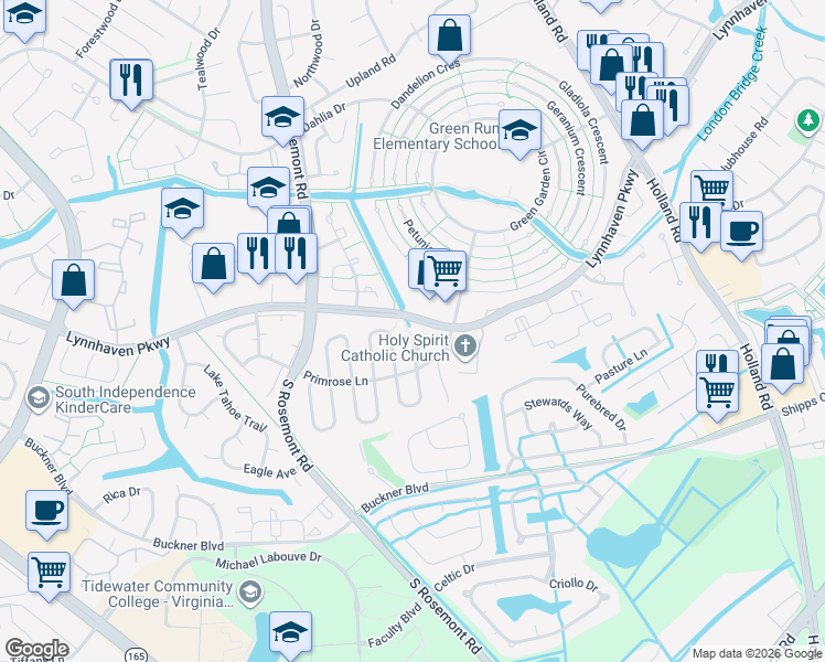 map of restaurants, bars, coffee shops, grocery stores, and more near 1424 Planting Court in Virginia Beach