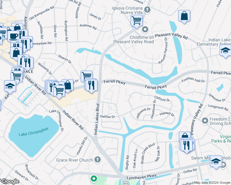 map of restaurants, bars, coffee shops, grocery stores, and more near 1429 Lake Geneve Drive in Virginia Beach