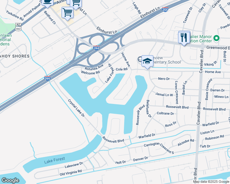 map of restaurants, bars, coffee shops, grocery stores, and more near 1416 Carson Crescent West in Portsmouth