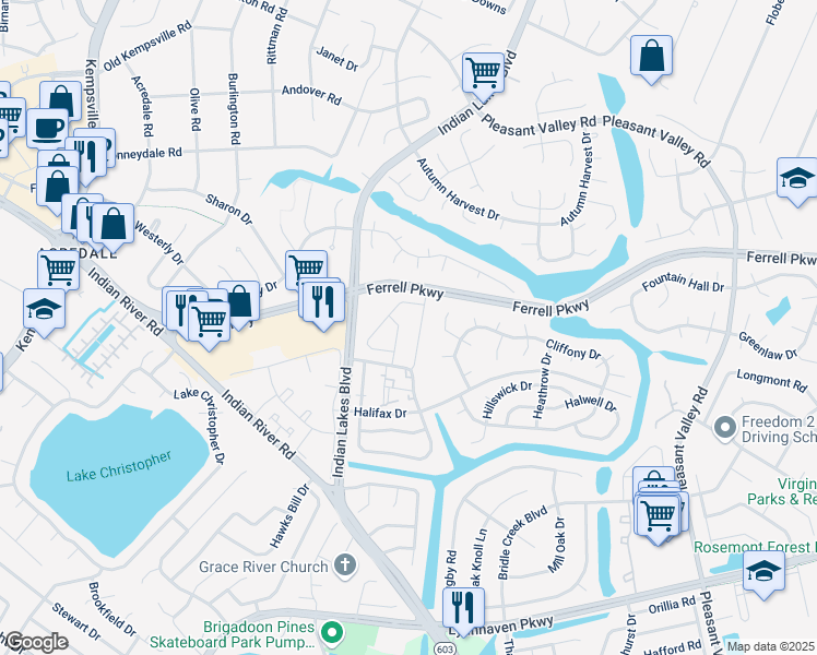 map of restaurants, bars, coffee shops, grocery stores, and more near 1431 Lake Geneve Drive in Virginia Beach