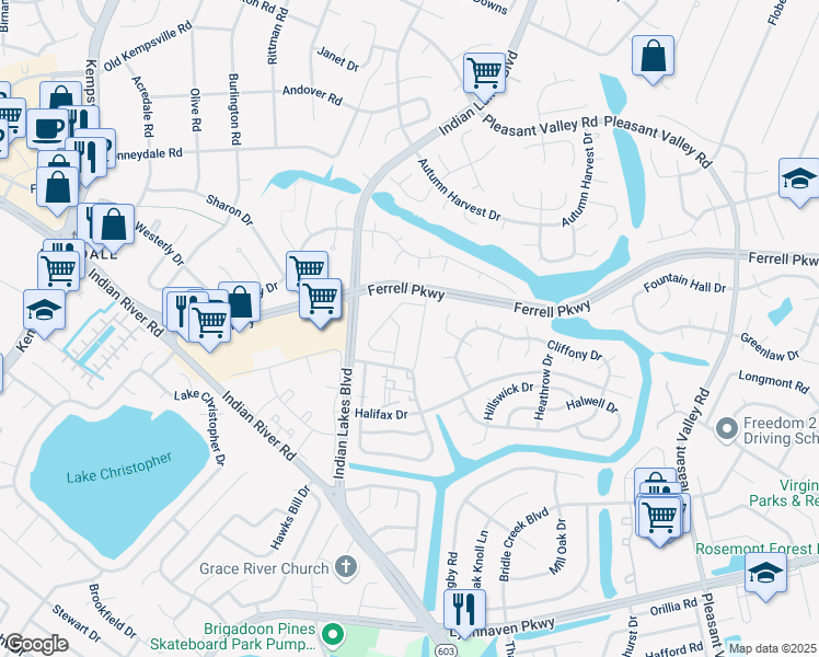 map of restaurants, bars, coffee shops, grocery stores, and more near 1439 Lake Geneve Drive in Virginia Beach