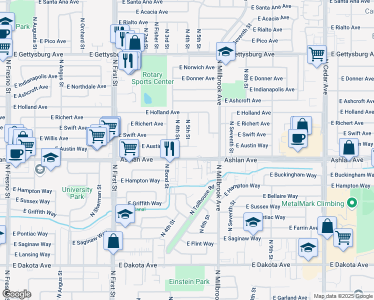 map of restaurants, bars, coffee shops, grocery stores, and more near 3474 East Austin Way in Fresno