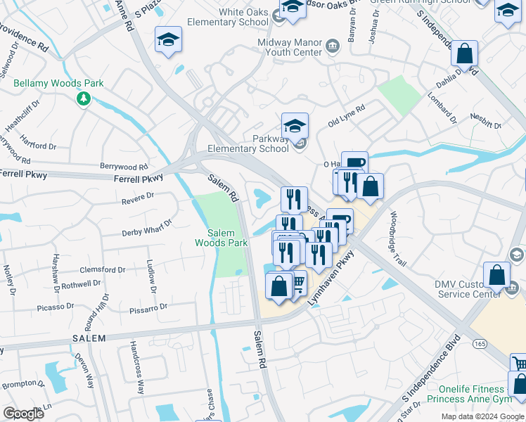 map of restaurants, bars, coffee shops, grocery stores, and more near 4389 Atwater Arch in Virginia Beach