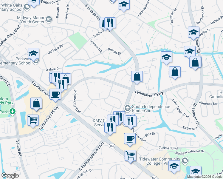 map of restaurants, bars, coffee shops, grocery stores, and more near 1531 Amberley Forest Road in Virginia Beach