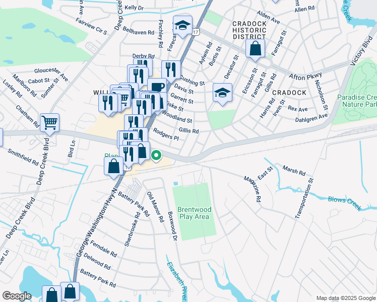 map of restaurants, bars, coffee shops, grocery stores, and more near 15 Tyron Place in Portsmouth