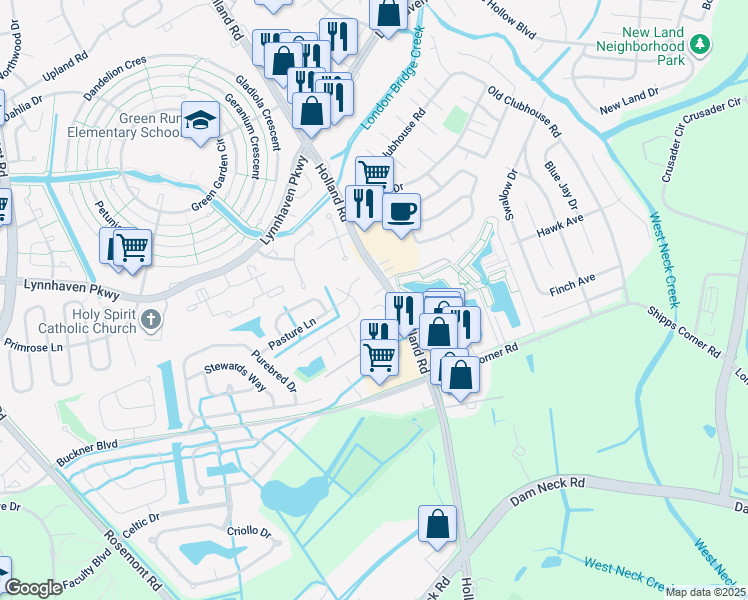 map of restaurants, bars, coffee shops, grocery stores, and more near 1512 Three Gait Trail in Virginia Beach