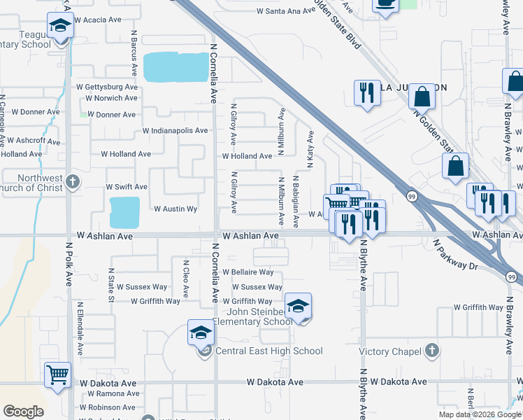 map of restaurants, bars, coffee shops, grocery stores, and more near 4649 West Willis Avenue in Fresno