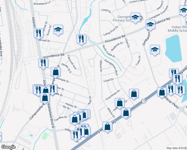 map of restaurants, bars, coffee shops, grocery stores, and more near 2208 Holly Berry Lane in Chesapeake